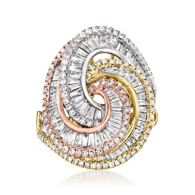 Tri-colored gold diamond swirl ring with baguette and round diamonds