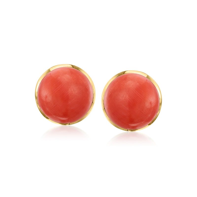 Vintage round coral-orange cabochon stud earrings in 18kt yellow gold bezel