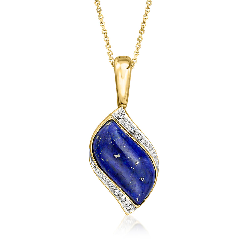 14kt yellow gold pendant necklace with blue lapis and diamond halo, teardrop shape