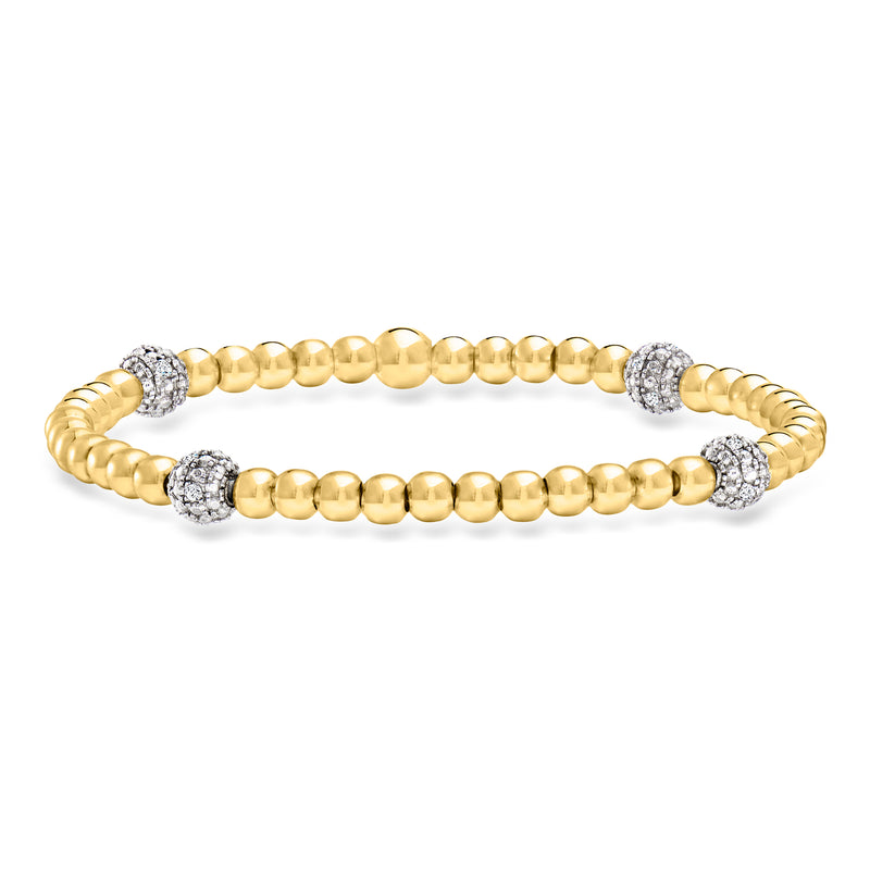 18kt gold bead stretch bracelet with lab-grown diamond clusters, 4mm beads