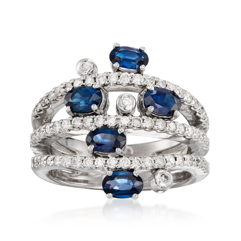 Open-space white gold ring with blue sapphires and white diamonds, multi-row design