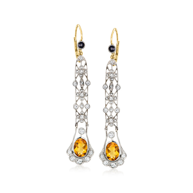 Vintage drop earrings with citrine and sapphire, diamond accents, gold and platinum