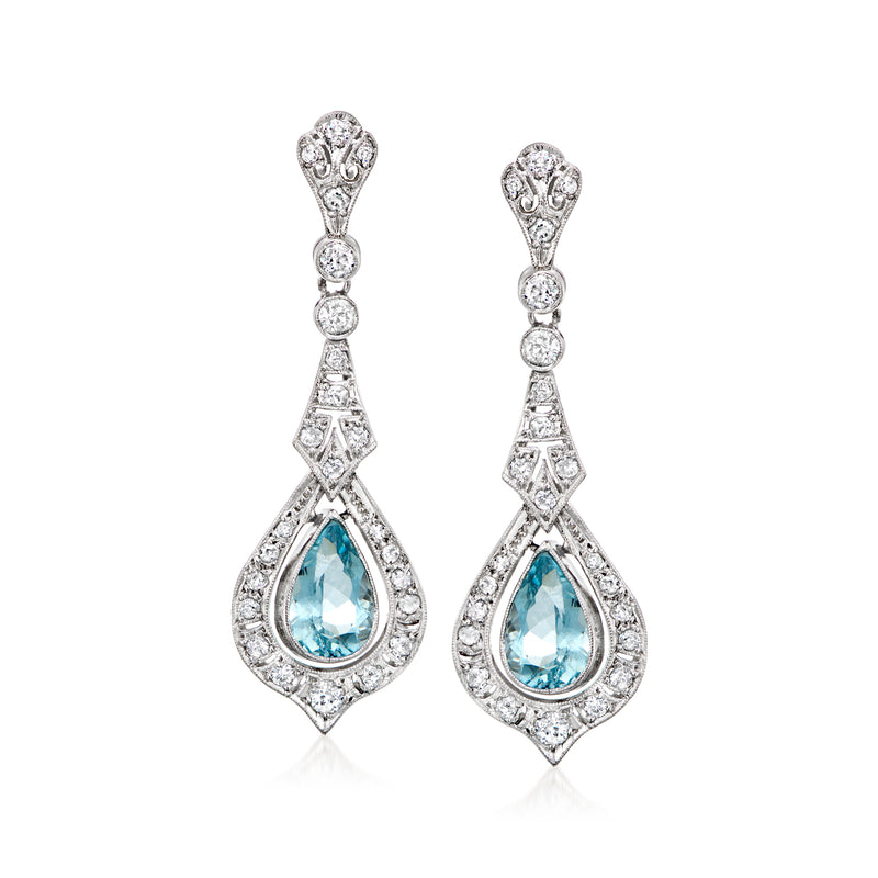 Platinum vintage drop earrings with pear-cut aquamarine and diamond accents
