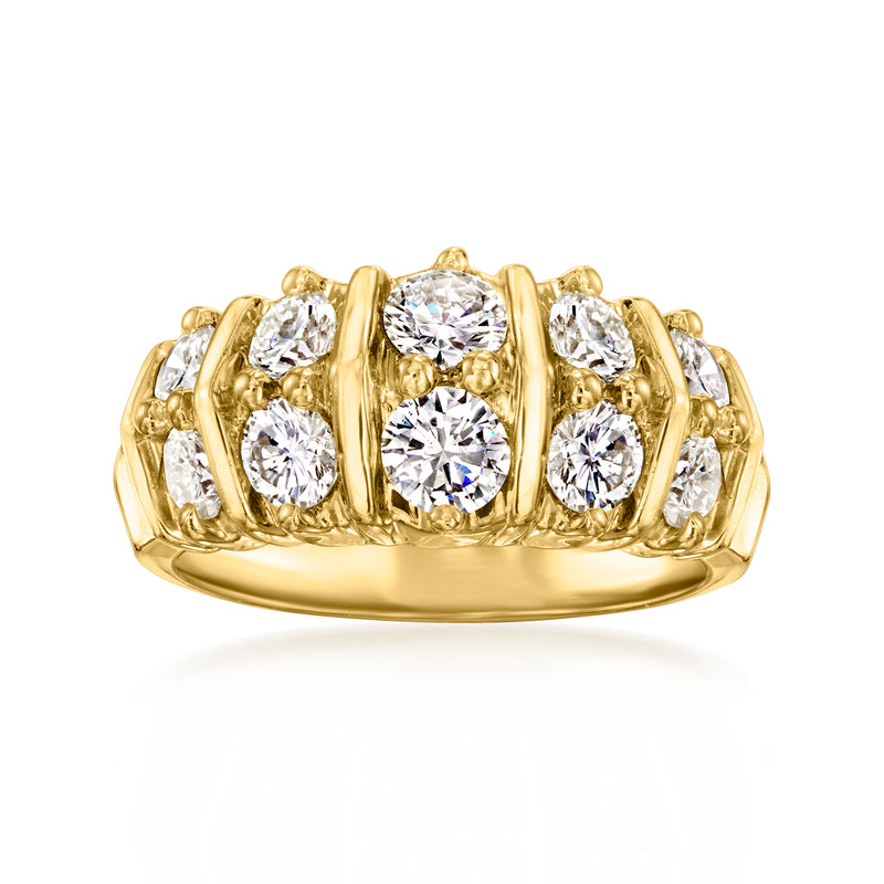 18kt yellow gold two-row diamond ring with round brilliant stones