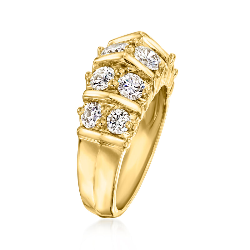 18kt yellow gold two-row diamond ring, side view with prong-set round stones