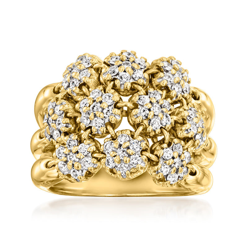 Yellow gold diamond floral cluster multi-row ring with round brilliant stones