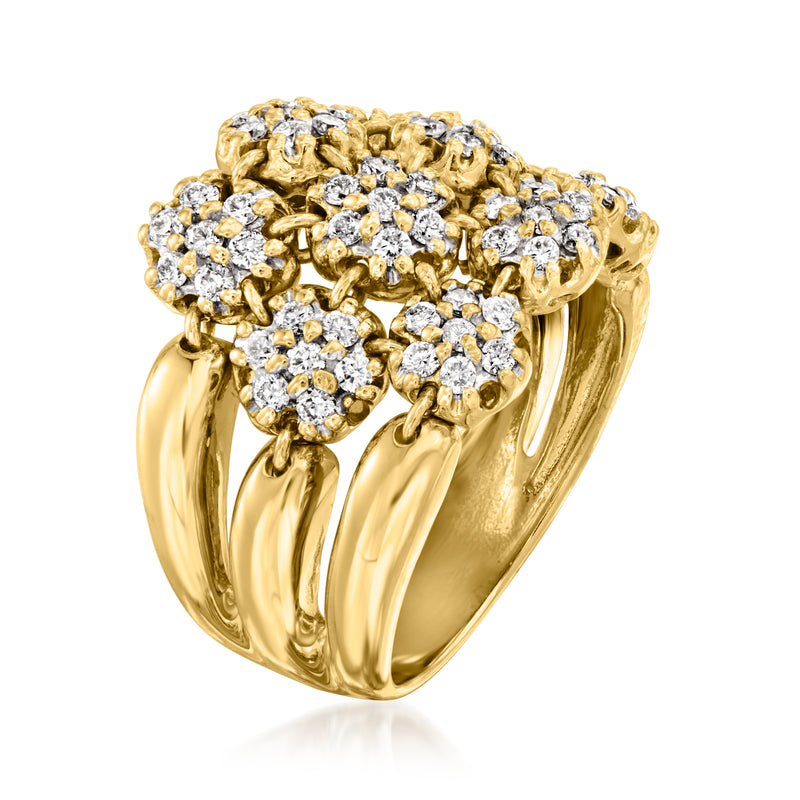 Yellow gold diamond floral cluster multi-row ring, side view