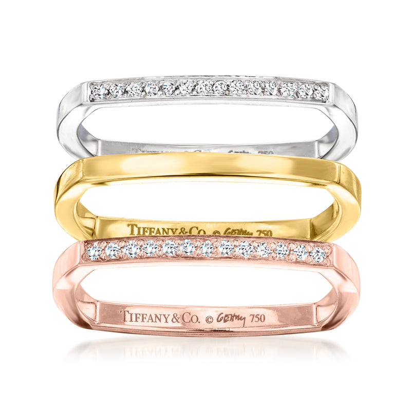 Tri-colored gold diamond ring stack with Tiffany & Co and Gehry 750 stamp