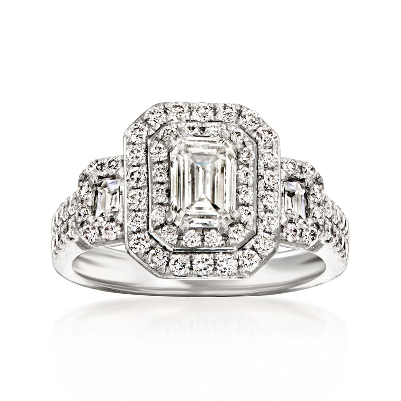 Platinum diamond halo ring with rectangular emerald-cut center stone and side baguettes