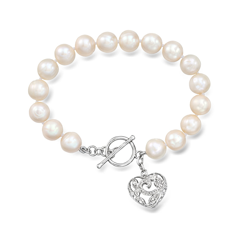 Cultured pearl bracelet with sterling heart toggle and round pearl beads