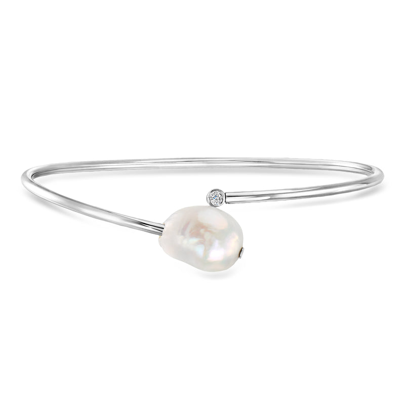 Sterling silver bypass cuff bracelet with cultured pearl and single CZ