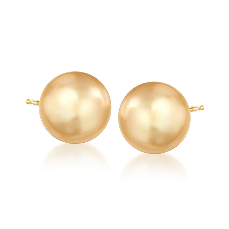 Golden cultured pearl stud earrings with round 10.5–11mm pearls in 14kt yellow gold