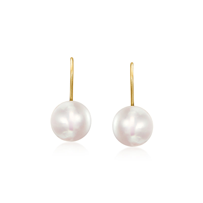 Cultured pearl drop earrings with 14kt yellow gold leverback, white 9-9.5mm pearls