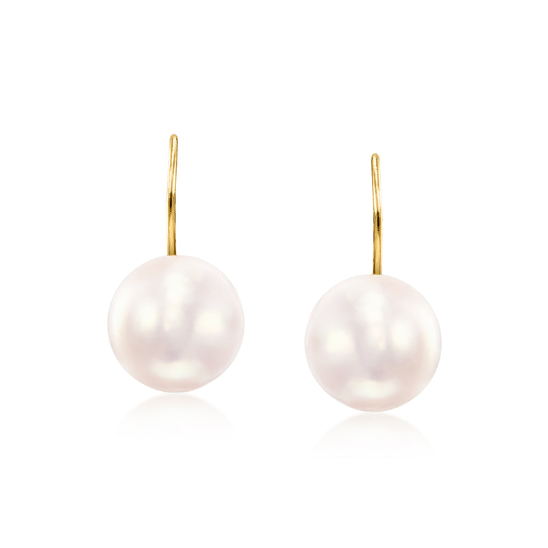 14kt yellow gold leverback drop earrings with white round cultured pearl, 11–11.5mm