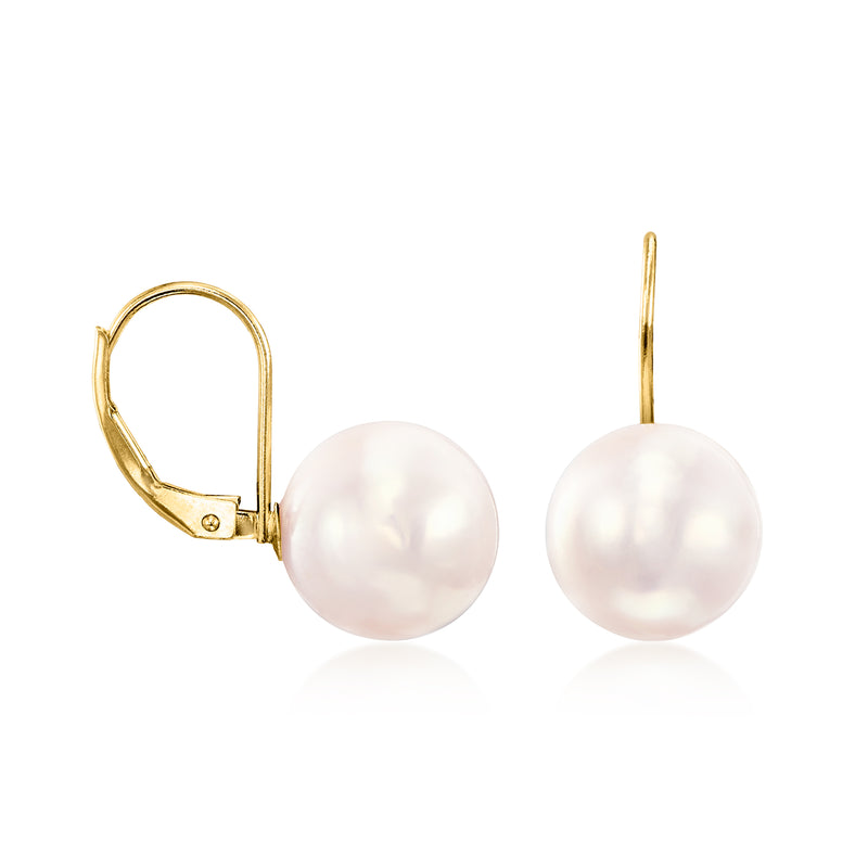 14kt yellow gold leverback drop earrings with white round cultured pearl