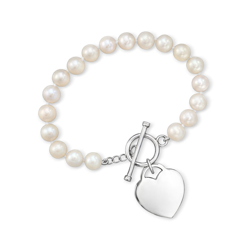 Cultured pearl toggle bracelet with sterling silver heart charm