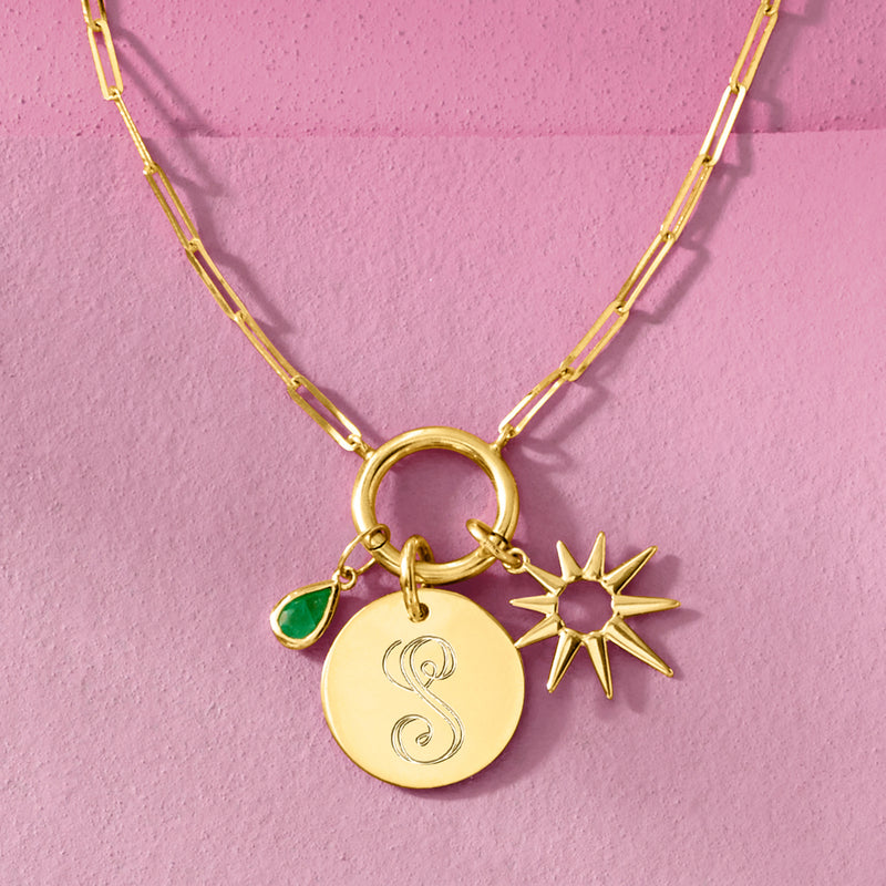 14kt yellow gold sun charm on necklace with round disc pendant and green accent