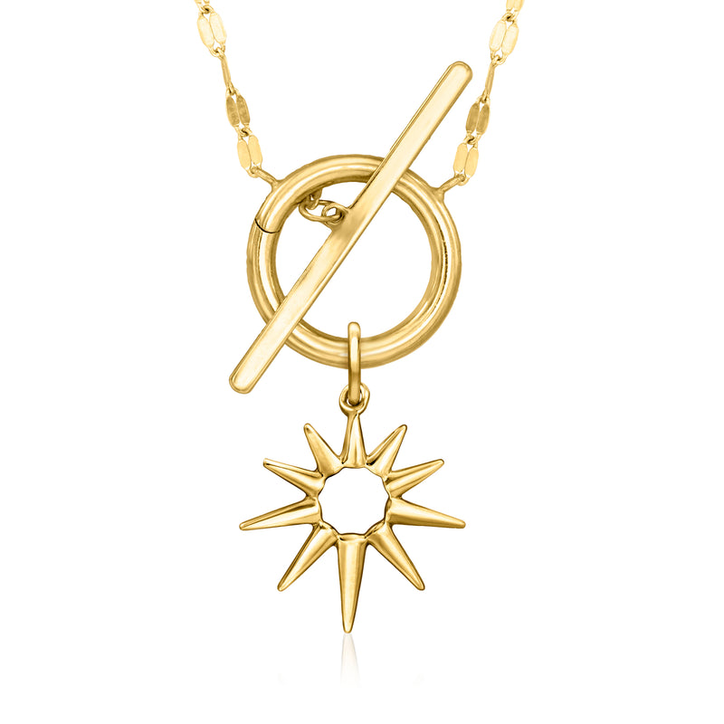 14kt yellow gold sun charm pendant dangling below ring-and-bar necklace