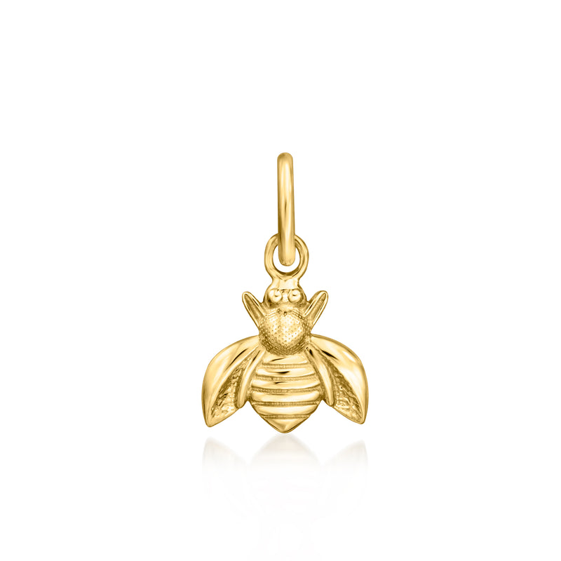 14kt yellow gold bumblebee charm with loop bail, textured wings and striped body