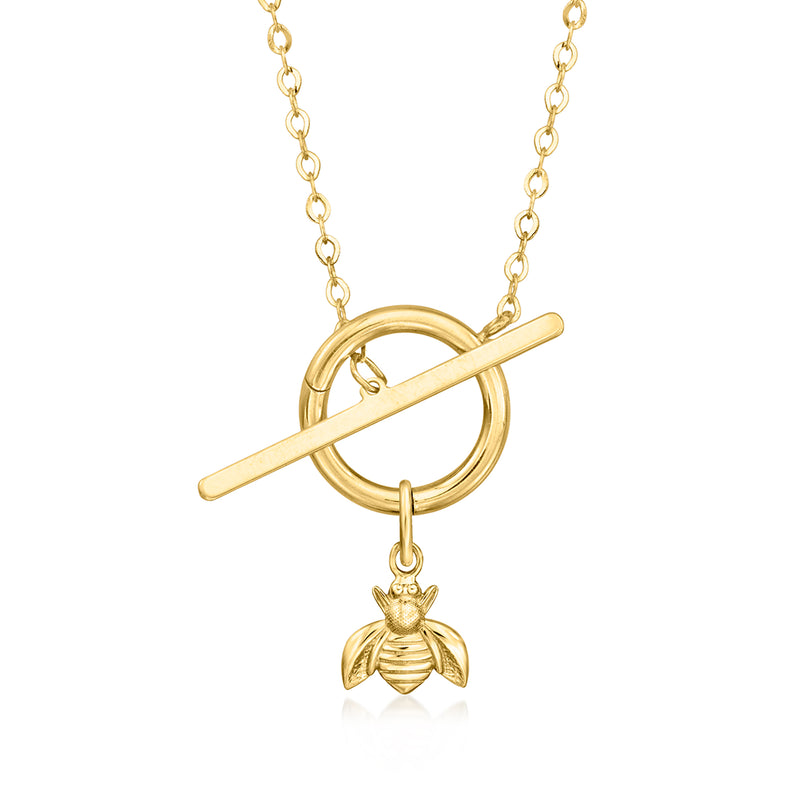 Front view of 14kt yellow gold bumblebee charm pendant with O ring and bar, bee detail