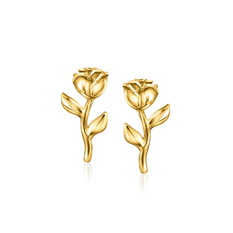 14kt yellow gold rose flower stud earrings, with leaf accents