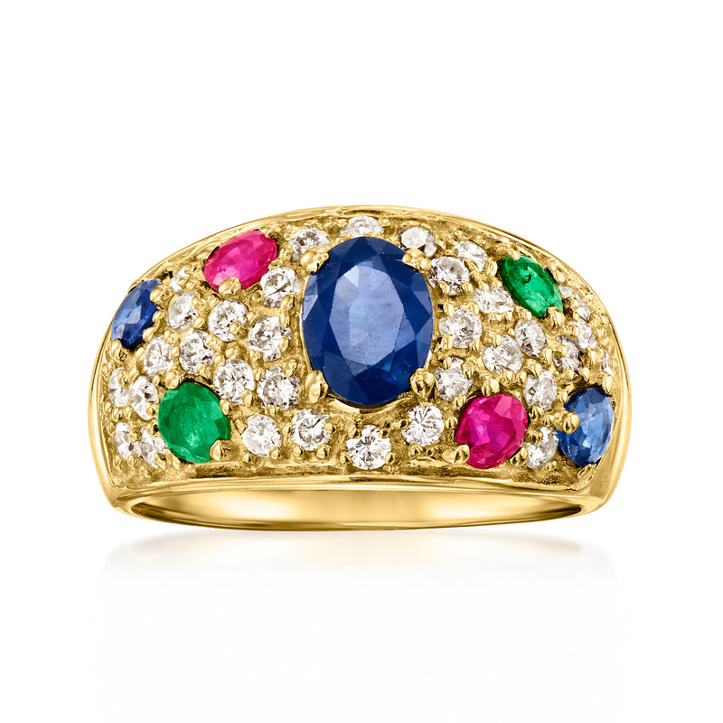 Vintage 14kt yellow gold ring with blue center stone, diamond accents, pink and green gems