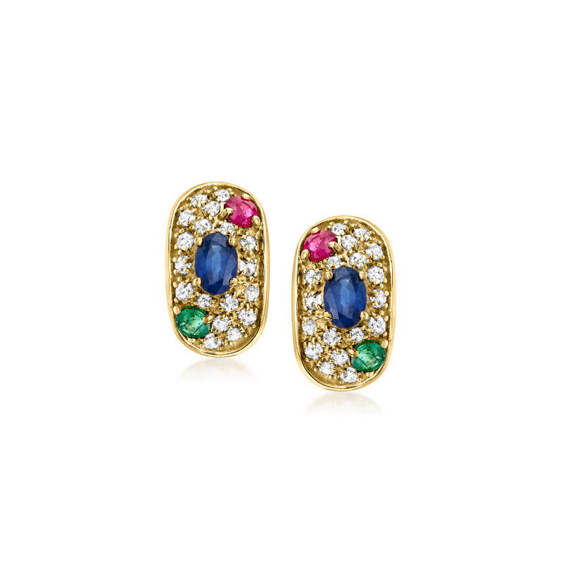 14k yellow gold oval stud earrings with blue, pink, green gems and diamond accents