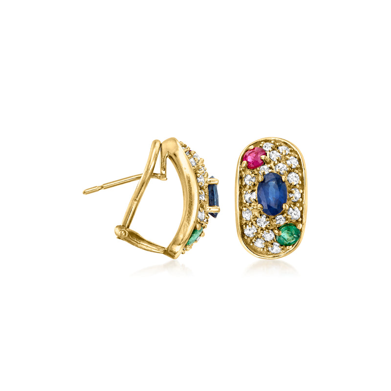 14k yellow gold oval hinged earrings with post back; blue, pink, green gems