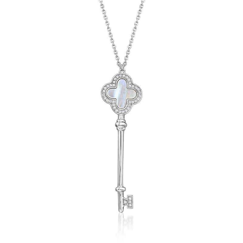 Sterling silver key necklace with mother-of-pearl clover medallion and CZ border