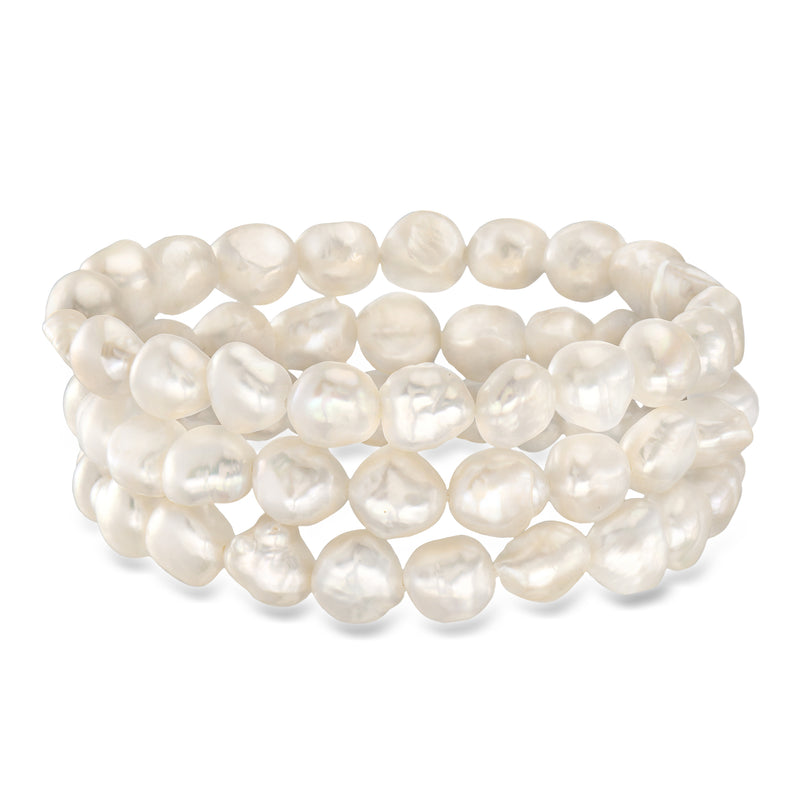 Cultured pearl stretch bracelet set with baroque white pearls, three stacked rows