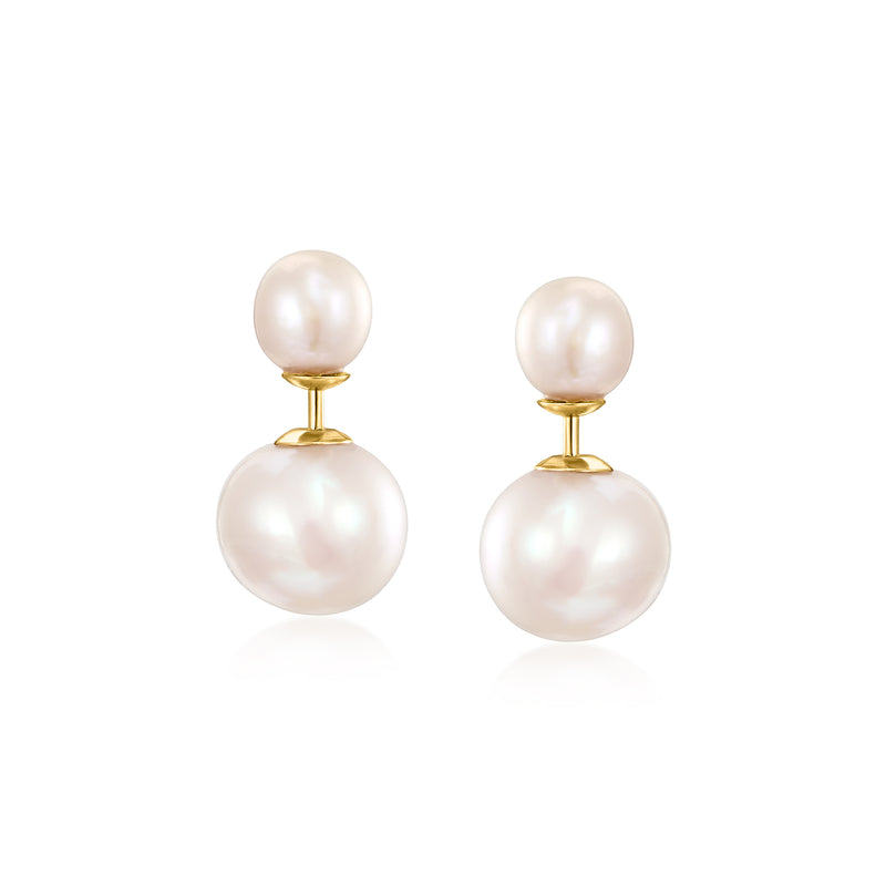 14kt yellow gold post earrings with two white cultured pearls, stacked drop design