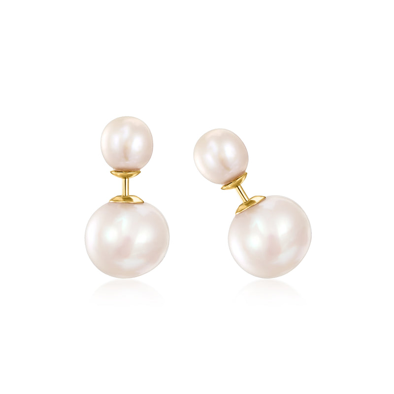 14kt yellow gold cultured pearl post earrings with two white pearls on drop settings