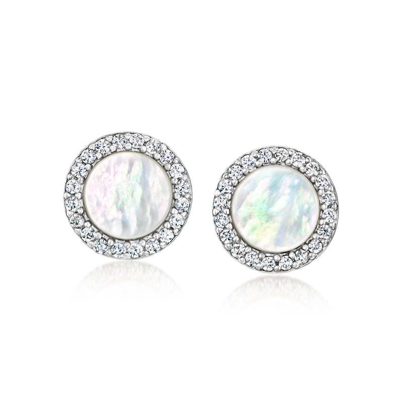 Mother-of-Pearl CZ halo stud earrings, sterling silver round posts
