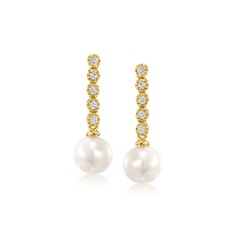 Yellow gold drop earrings with cultured pearl and diamond stations