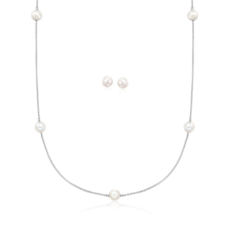 Cultured pearl necklace with sterling chain and pearl stud earrings