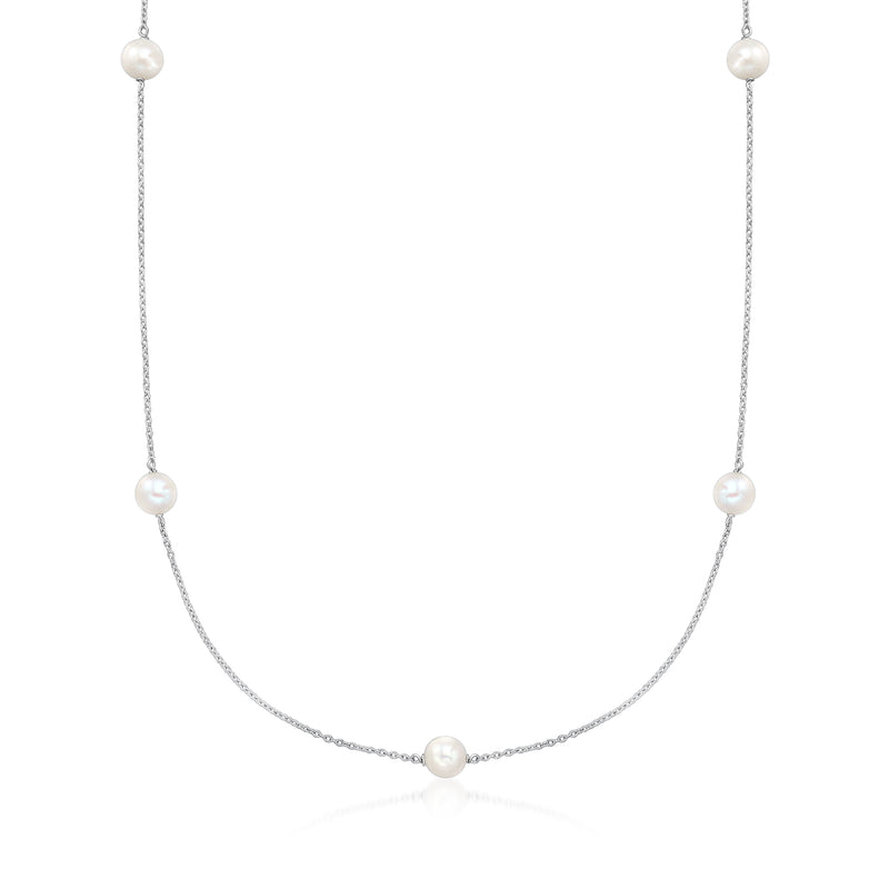 Sterling silver cultured pearl station necklace with three pearl stations