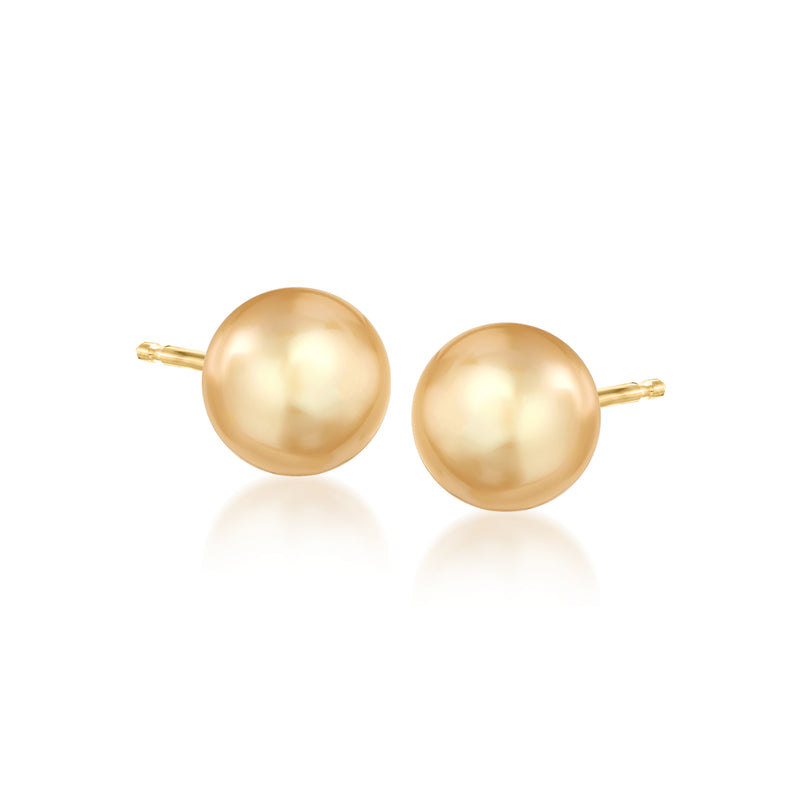 Yellow gold pearl stud earrings with round golden cultured pearls