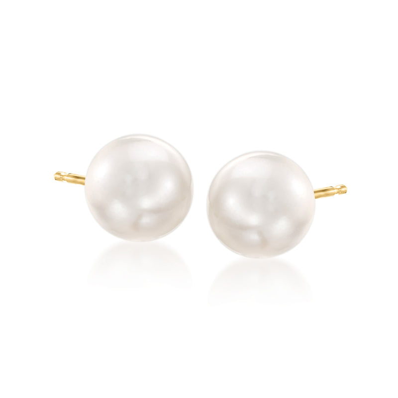 Cultured South Sea pearl stud earrings, 14kt yellow gold posts, white round pearls