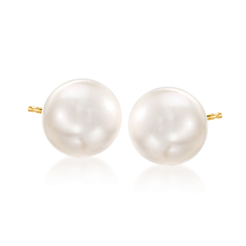 Cultured South Sea pearl stud earrings with round white pearls and 14kt yellow gold posts