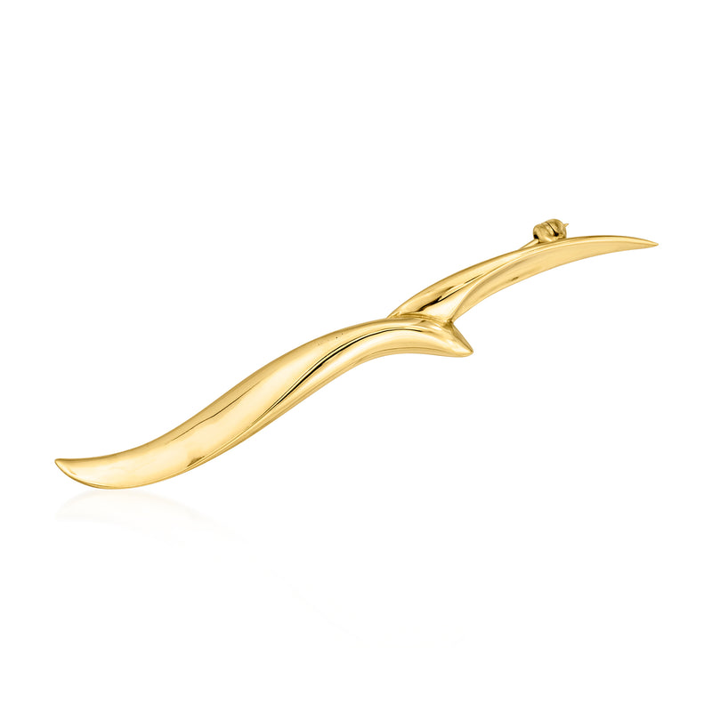 18kt yellow gold bird pin with curved wings, long silhouette