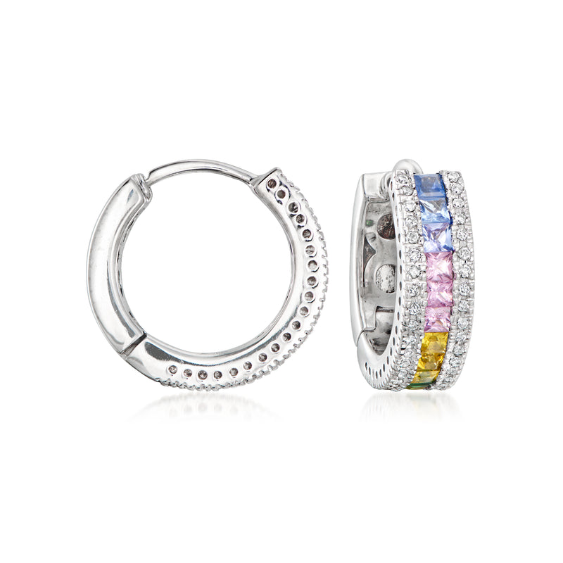 14kt white gold hoop earrings with multi-gem and diamond accents, hinged detail