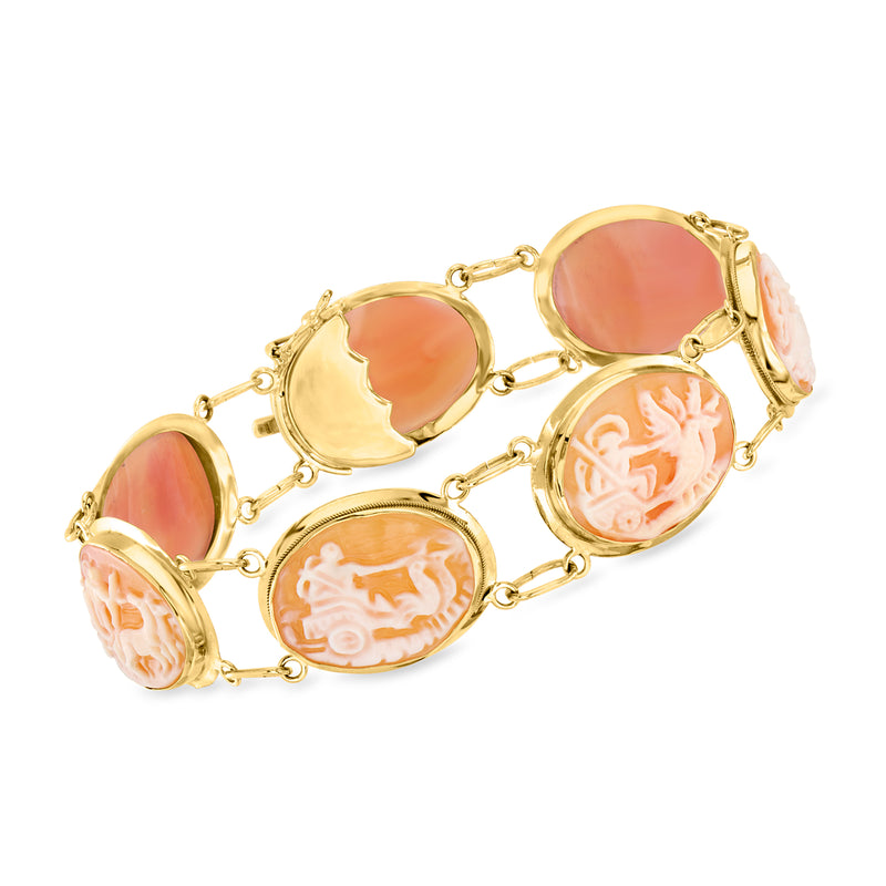 Vintage 14kt yellow gold shell cameo bracelet with oval pink cameo links