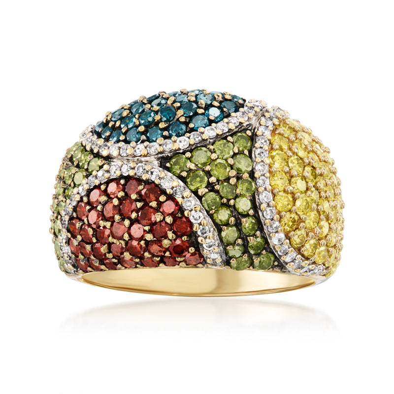 Vintage 14kt yellow gold dome ring with multicolored diamond panels