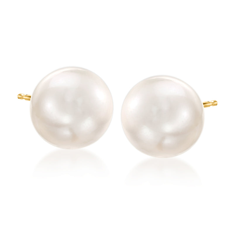 Cultured South Sea pearl stud earrings with 14kt yellow gold posts and round white pearls
