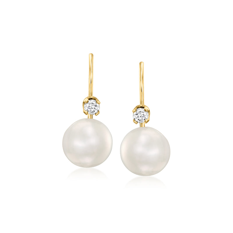 14kt yellow gold leverback pearl drop earrings with round diamond accents