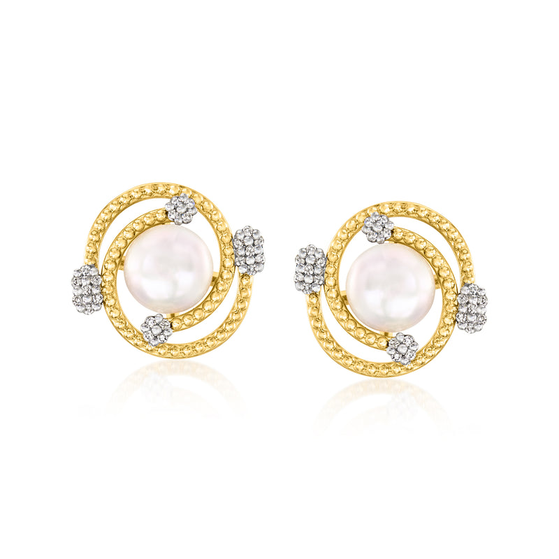 Gold swirl stud earrings with 7–7.5mm cultured pearl and diamond accents