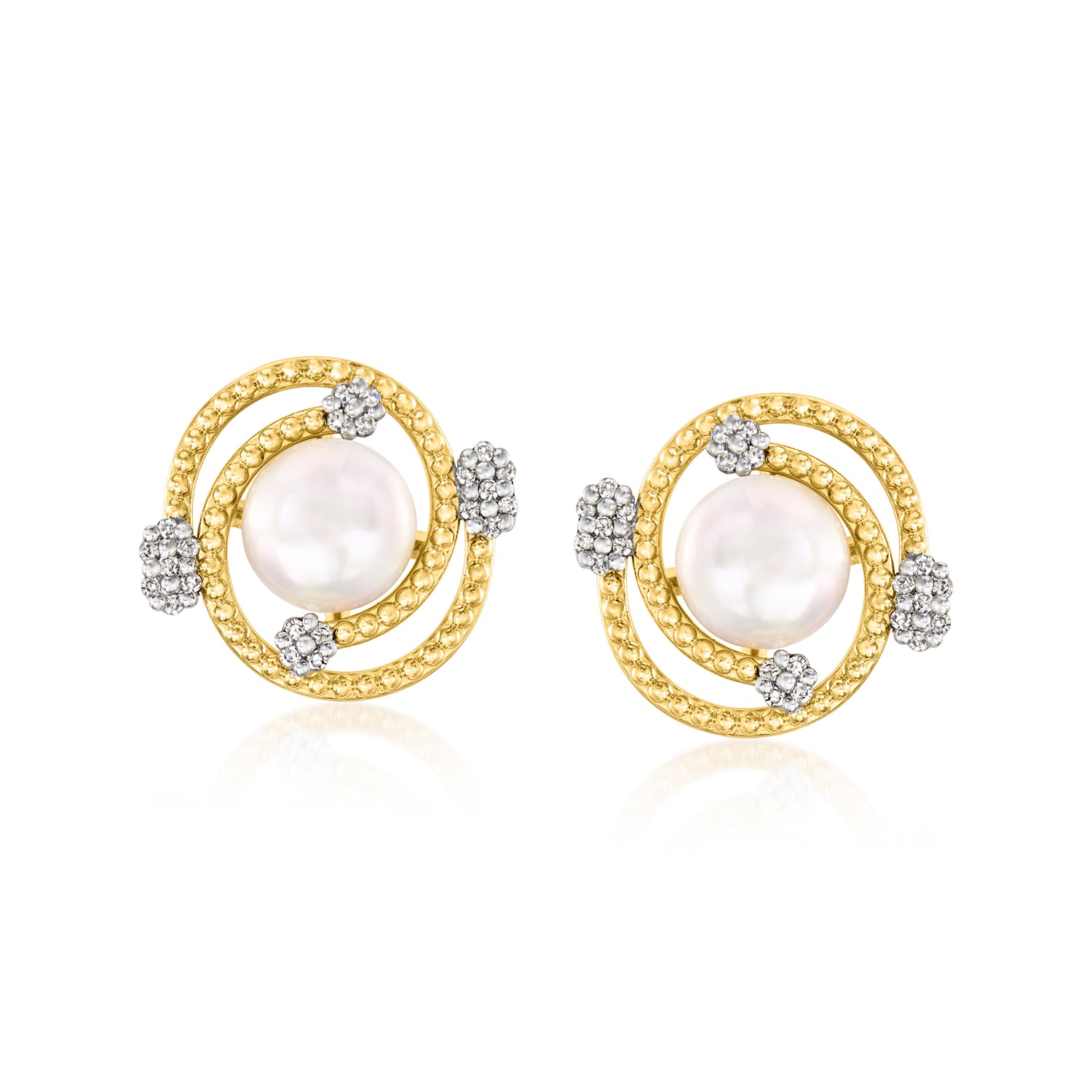 7-7.5mm Cultured Pearl and .14 ct. t.w. Diamond Swirl Earrings in 18kt Gold Over Sterling