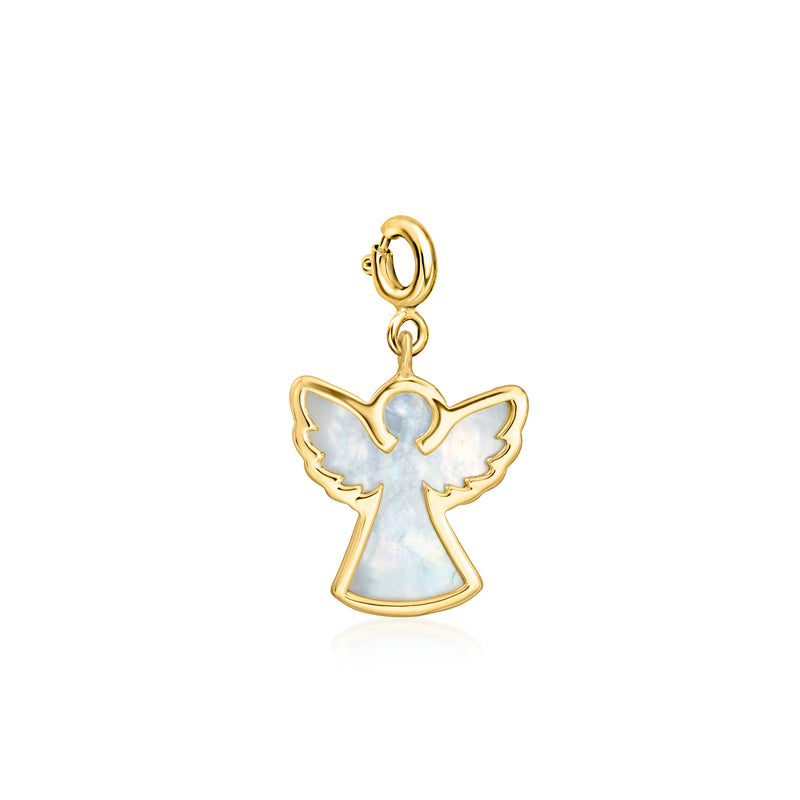 Gold-tone angel charm pendant with mother-of-pearl inlay, loop clasp top