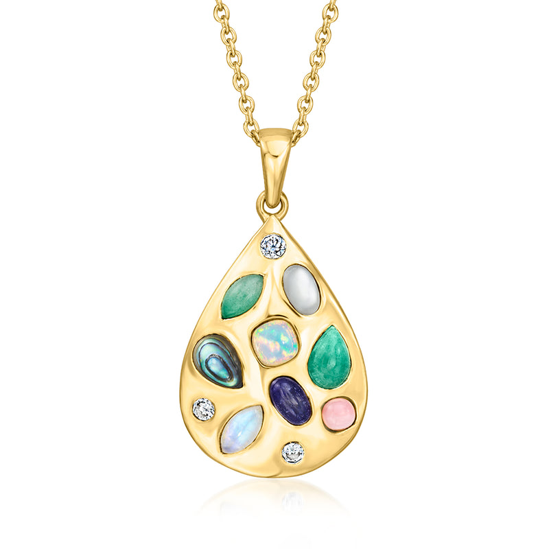 Gold teardrop pendant with multicolor gemstones and small round crystal accents