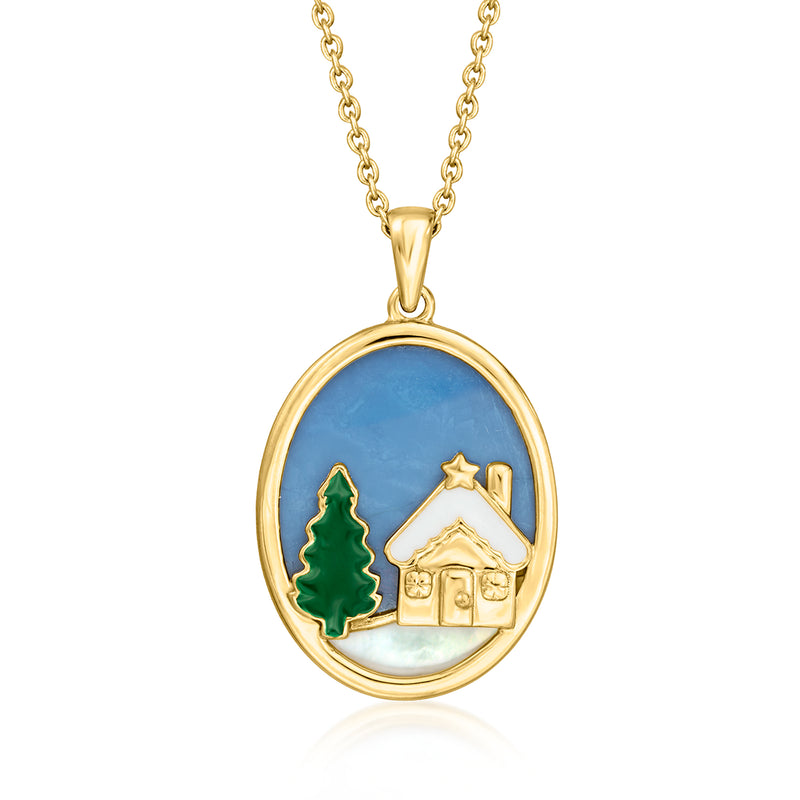Gold-tone oval pendant necklace with blue enamel scene, tree, house, and star